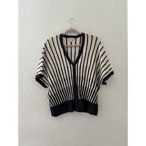 ST JOHN SPORT Striped V Neck Zipper Knit Sweater Top M Blue Cream